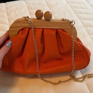Orange Clutch Bag with Wooden Frame